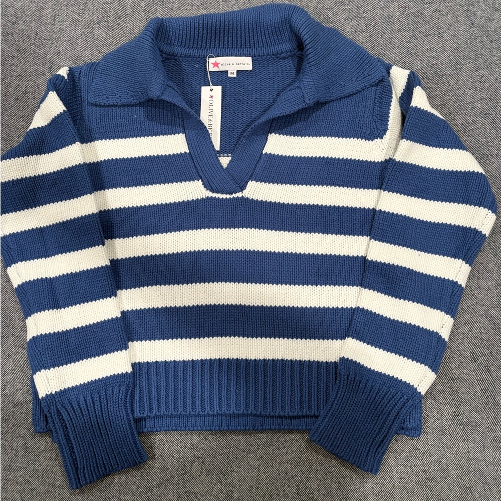 Olive & Bette’s Road G - Hayley Stripe Pullover | Blue/Cream | size M - Picture 2 of 9